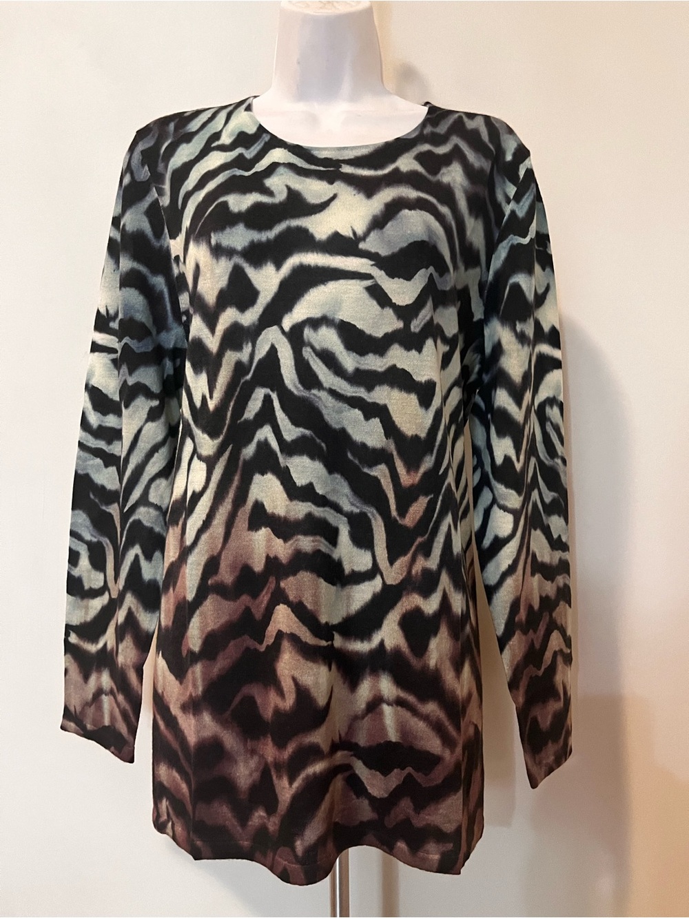 NEW BELFORD Extrafine Merino Wool Abstract Zebra Print Long Sleeve Knit Top XL